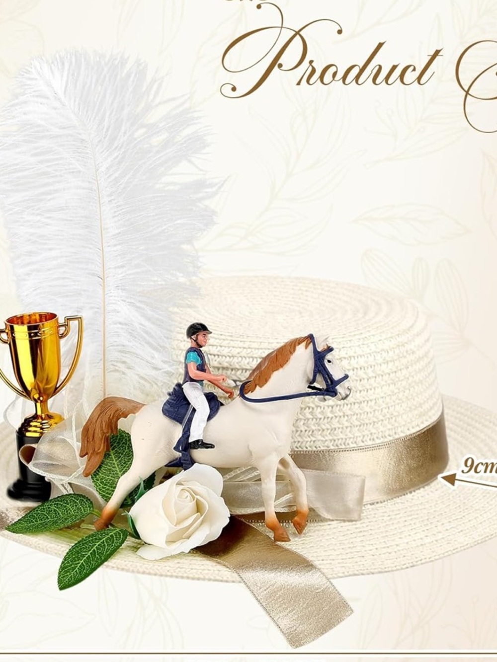 Elegant White Wide-Brim Hat with Horse, Trophy, and Rose Floral Trim - Picture 3 of 3